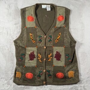 Bobbie Brooks Vintage Fall Patchwork Sweater Vest XL Green Pumpkin Acorn BB257